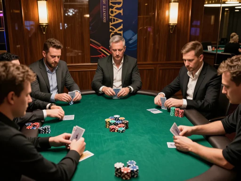 Nohu poker game featuring players in intense gameplay, focused expressions, and stacked chips.