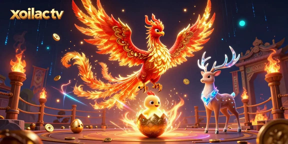 Xoilac TV showcases a vibrant 3D scene with a phoenix and stag, highlighting sports betting excitement.