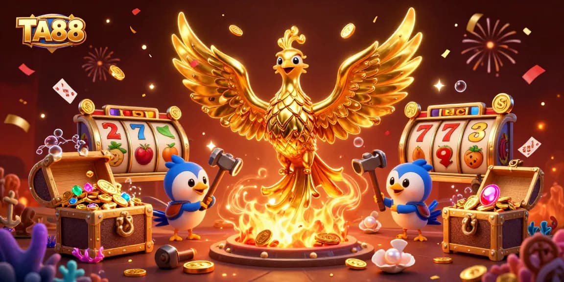 TA88 showcases a vibrant casino scene with a golden phoenix amidst slot machines and festive elements.