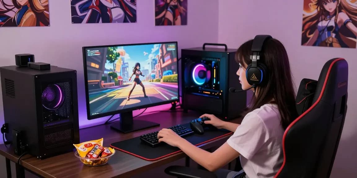 Female gamer immersed in a vibrant female hentai game, highlighted by colorful gaming gear and an energetic atmosphere.