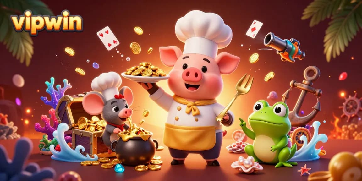 Experience thrilling gameplay at vipwin with vibrant casino characters amid gold treasures.