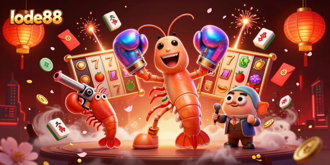 Experience the excitement of lode88 with a vibrant 3D casino scene featuring animated characters and gaming symbols.