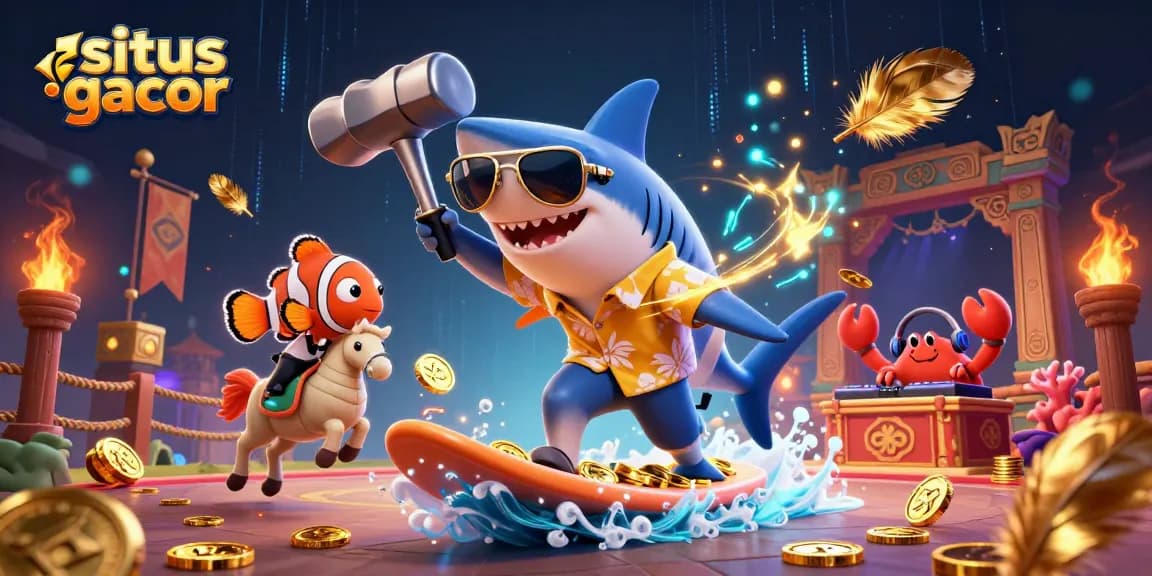 Situs gacor offers an exciting casino scene with a shark surfing gold coins, enhancing the gaming experience.