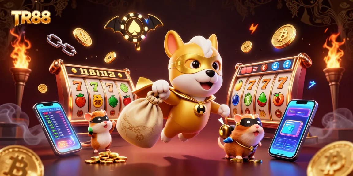 TR88 superhero dog and hamster flying over slot machines in a vibrant, casino-themed scene.