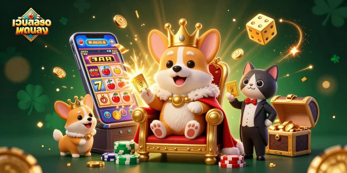 Engage with เว็บสล็อตตรง amidst a vibrant casino scene featuring a royal corgi, golden slot machine, and festive elements.