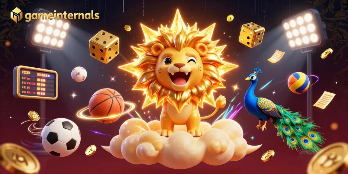 Engage with gameinternals' vibrant 3D illustration of a sun lion, golden dice, and peacock amidst exciting betting action.