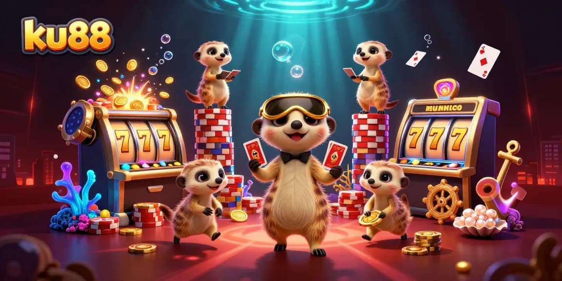 ku88 meerkat casino scene features lively characters and rich gaming details amidst vibrant underwater elements.