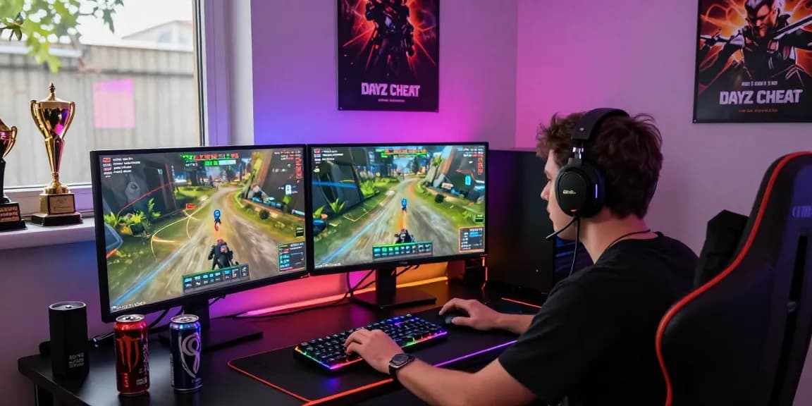 Player using DayZ Cheat software on dual monitors with vibrant gaming setup.