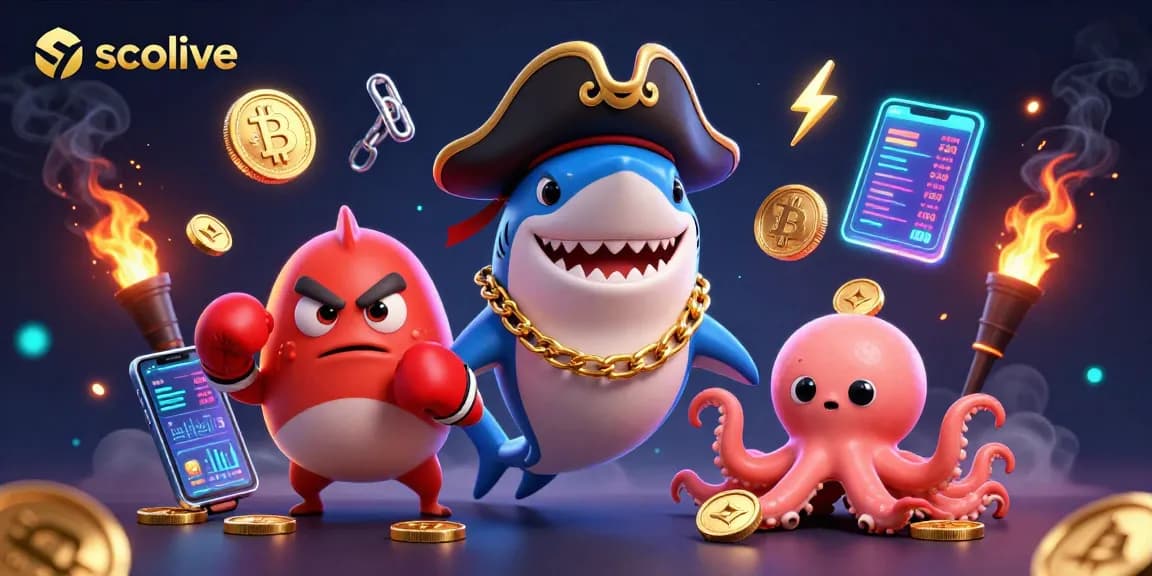 Socolive offers thrilling betting moments with vibrant characters, pirate shark, pufferfish, and octopus surrounded by crypto coins.