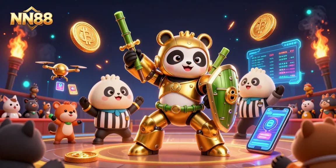 NN88 showcases a 3D golden panda piloting a bamboo robot in an exciting casino scene.
