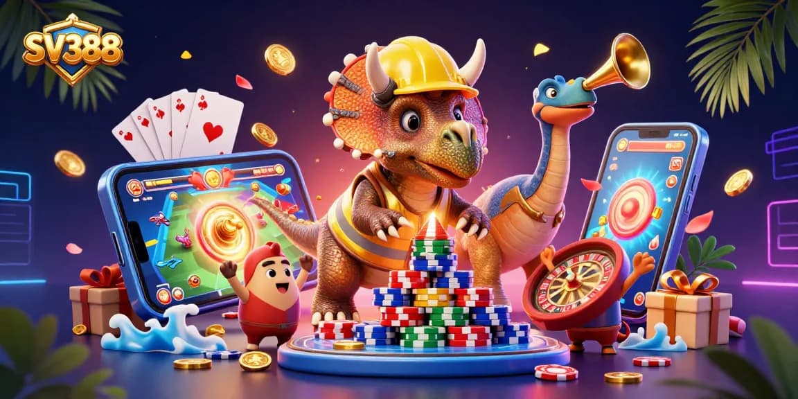 SV388 integrates lively characters celebrating cockfighting with dynamic game elements around them