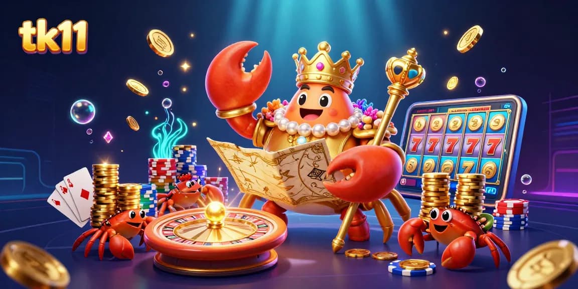 tk11 showcases a golden crab emperor amidst cascading coins and vibrant gaming elements in a thrilling casino scene.
