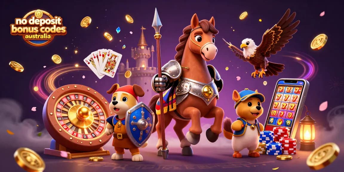 Enjoy thrilling gameplay with no deposit bonus codes australia, featuring a knight, puppy, and falcon in a casino.