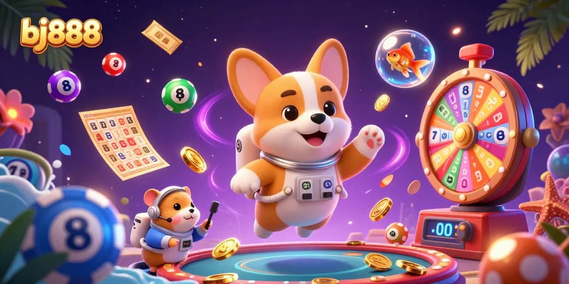 Experience the exciting world of bj888 casino games with a vibrant and dynamic casino illustration featuring an astronaut corgi.
