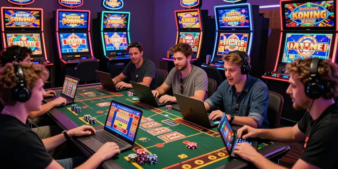 Engaged players exploring online credit card casinos with laptops and tablets, showcasing vibrant casino graphics.