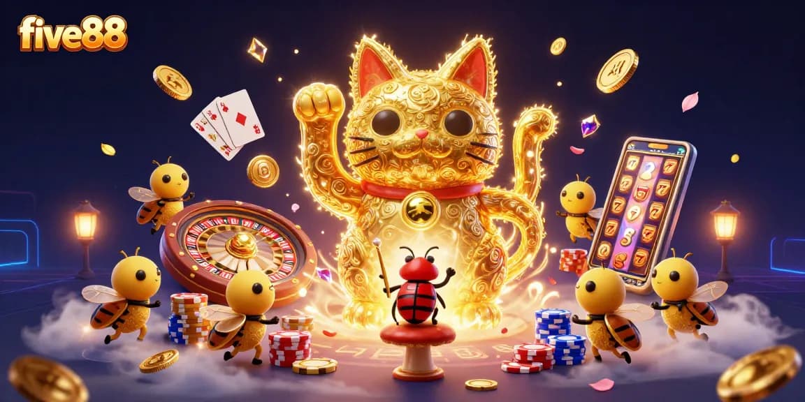 Experience the thrill of five88 with golden fireflies and casino excitement in a vibrant digital scene.