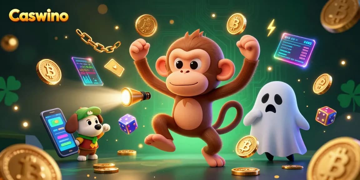 Caswino, the poltergeist monkey juggling gold coins in a thrilling crypto-themed casino scene.
