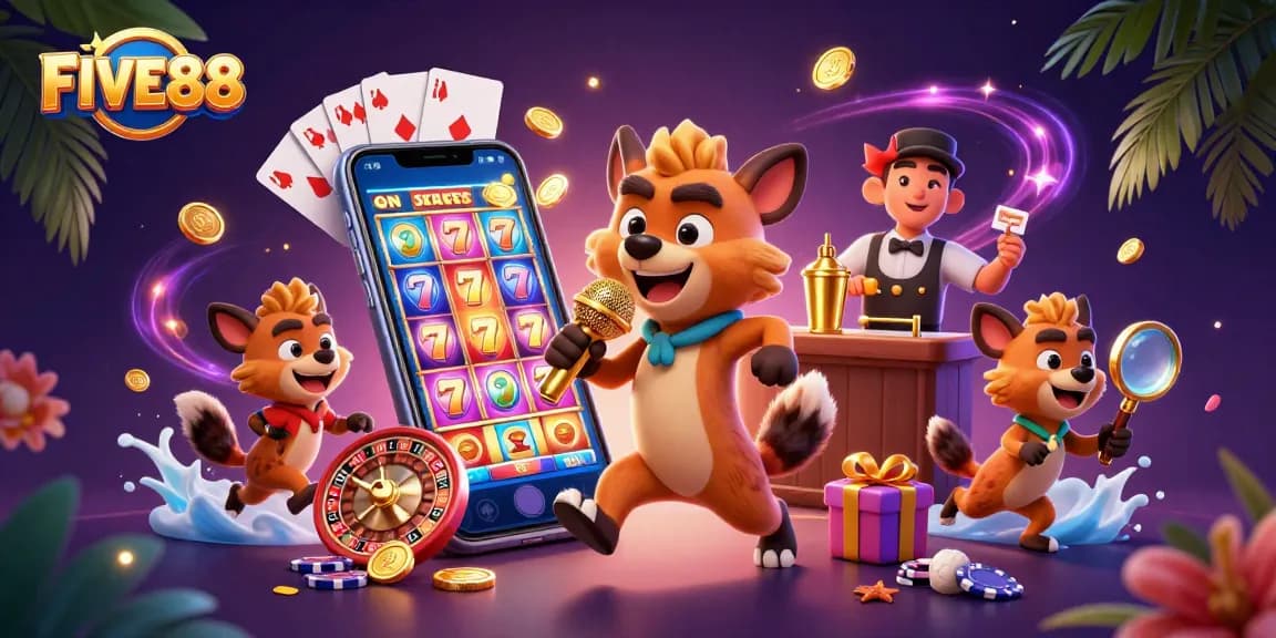 FIVE88 showcases lively hyenas at a comedy casino club, integrating vibrant slot games and dynamic decor.