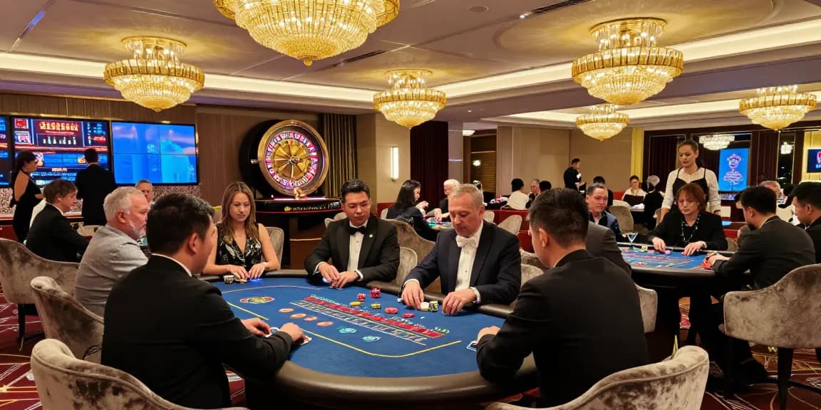 Elegant casino gaming scene with players engaged in high-stakes games at iwin.