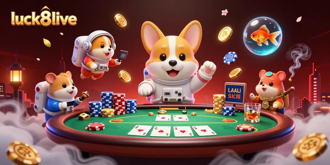 Experience thrilling gaming dynamics at luck8live with an astronaut corgi and a mission-control hamster inside a vibrant space casino.