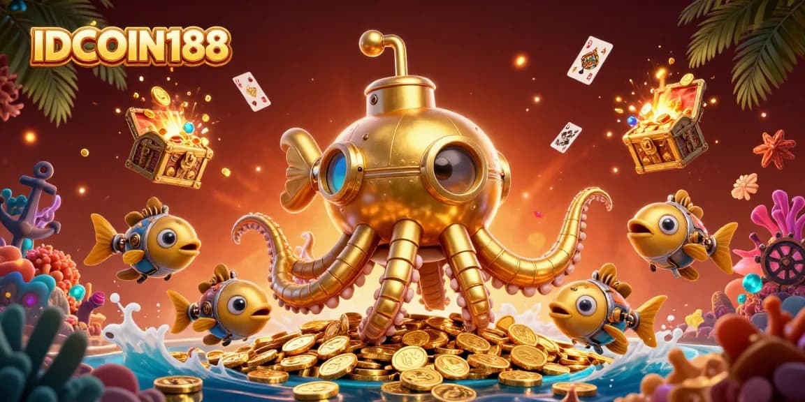 IDCOIN188 features a golden kraken submarine emerging from coins in a vibrant underwater casino scene.