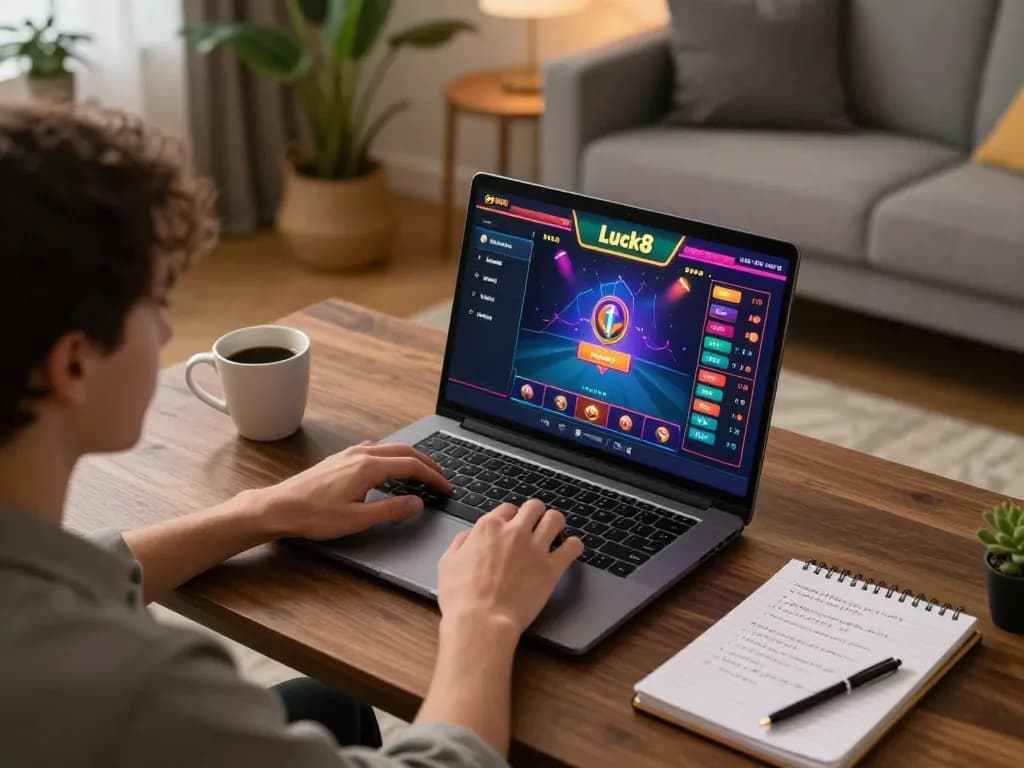 Engaging gameplay in Luck8 games showcased on a modern laptop during a cozy home session.