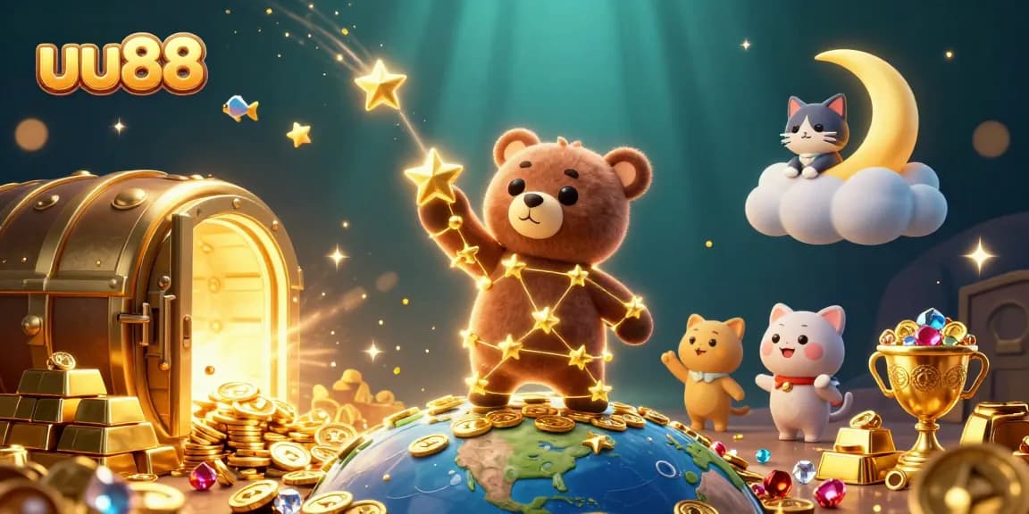 Engage with uu88's vibrant casino universe, featuring golden treasures and whimsical characters.