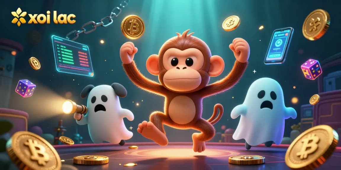 Experience thrilling games at xoi lac with lively animated characters and glowing crypto elements.