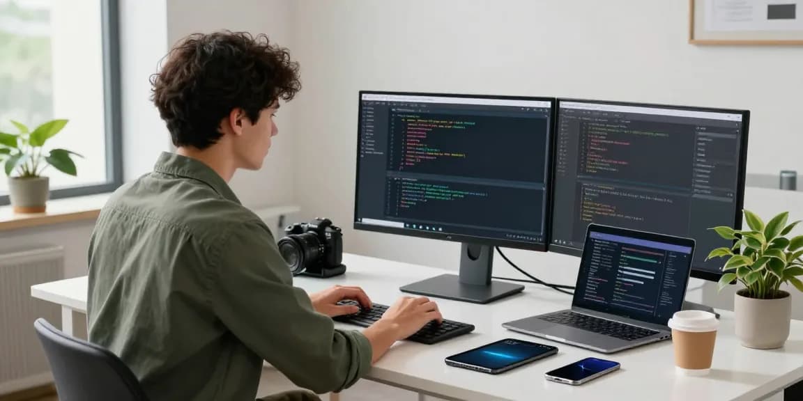 The workspace scene featuring a developer coding the 纸飞机中文版 messaging app on a modern desk surrounded by technology.