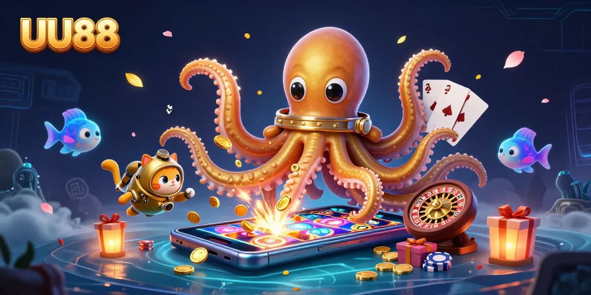 Experience excitement with UU88's cartoon kraken and diving cat in a vibrant casino world.