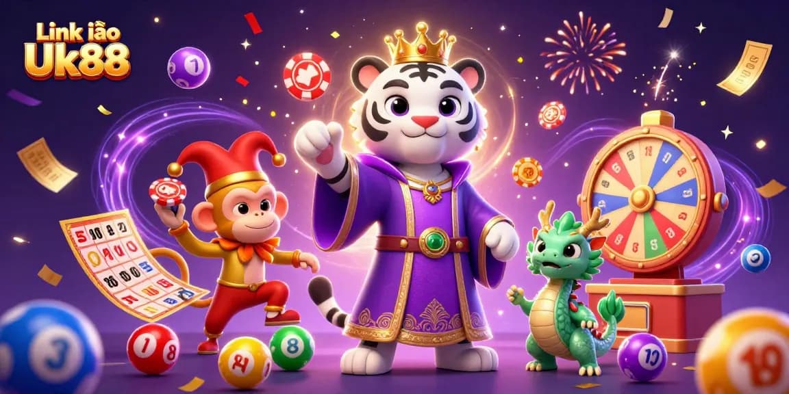 Experience excitement with Link vào Uk88, featuring a lively illustration of a tiger and monkey in a casino.