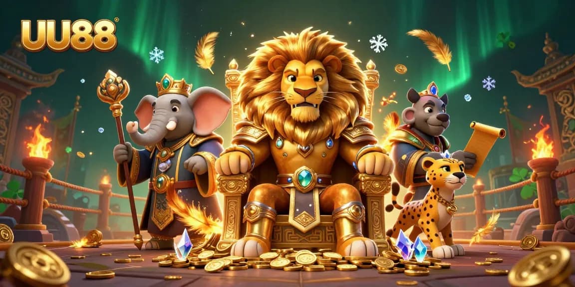 Engage with UU88's vibrant casino illustration showcasing a fierce lion king and dynamic gaming elements.