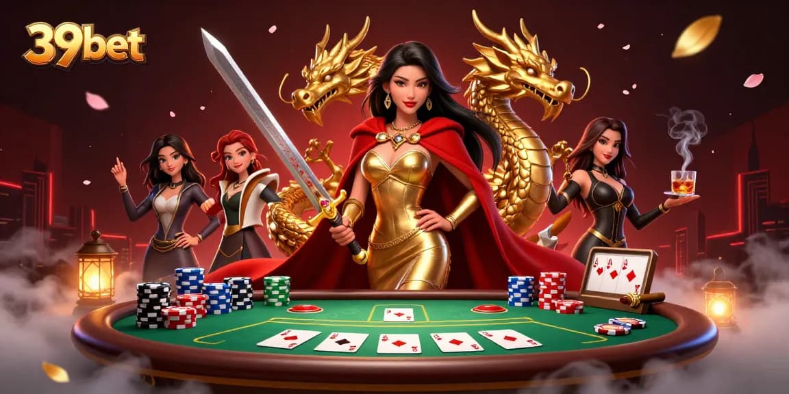 Engage with 39bet's vibrant casino world, showcasing a warrior queen amidst poker elements.