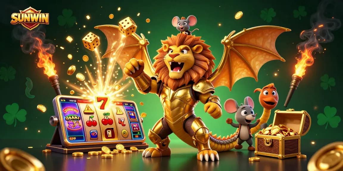 SUNWIN showcases a roaring chimera with a brave jockey amid a vibrant casino explosion of coins, dice, and treasures.