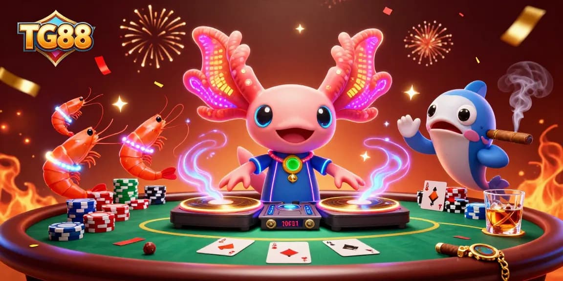 Experience the excitement of TG88 with a vibrant 3D illustration of a neon axolotl DJ and poker elements.