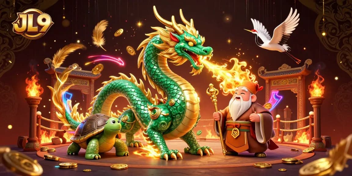 JL9 players celebrating wins with an emerald jade dragon and lucky elements in a vibrant casino atmosphere