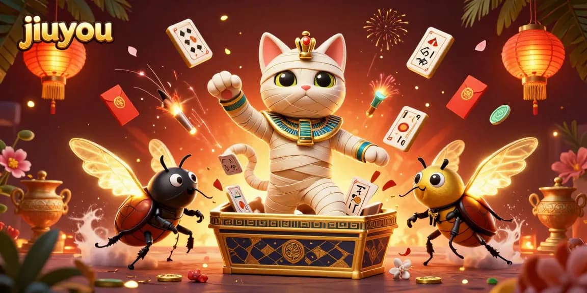 在九游娱乐场中，体验购物猫从金色棺材中出现，并与发光的金色甲虫成为伙伴，共同参与赌局。