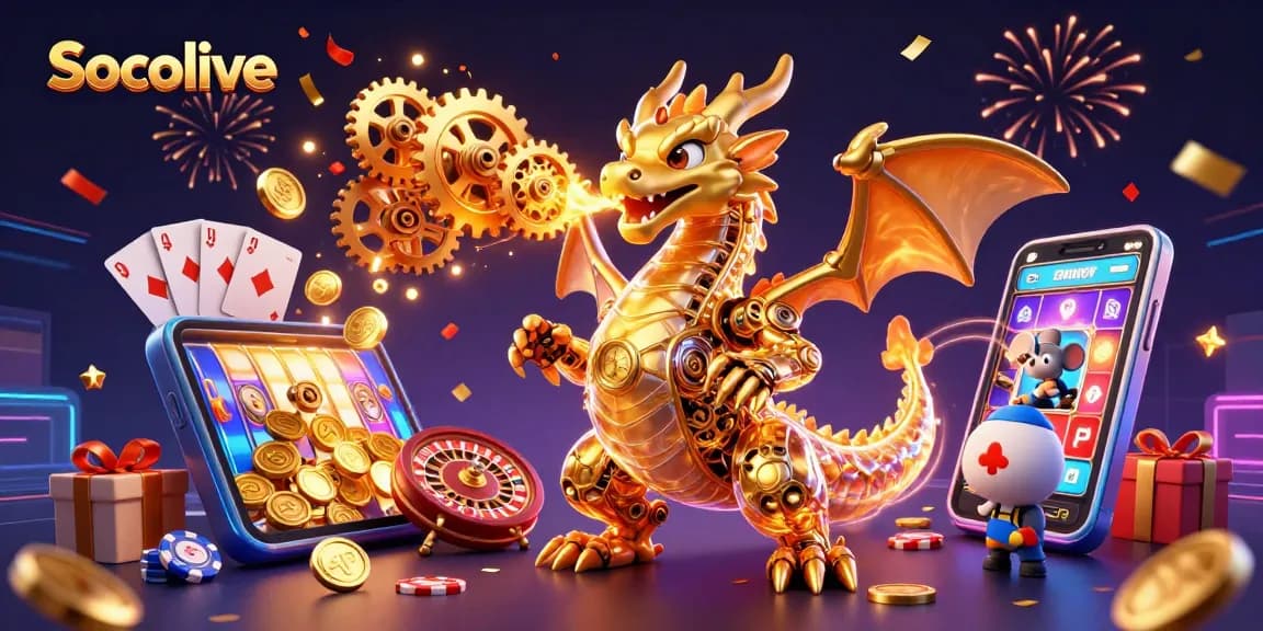 Socolive's engaging gaming experience features a golden dragon and thrilling slot games.