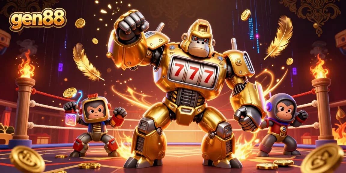 Experience the dynamic world of gen88 with an epic golden gorilla mech and vibrant casino themes.