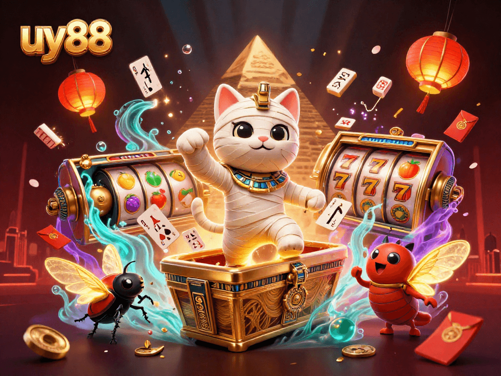 Experience the excitement of uy88 casino, featuring a vibrant scene with a mummy cat and dynamic game elements.