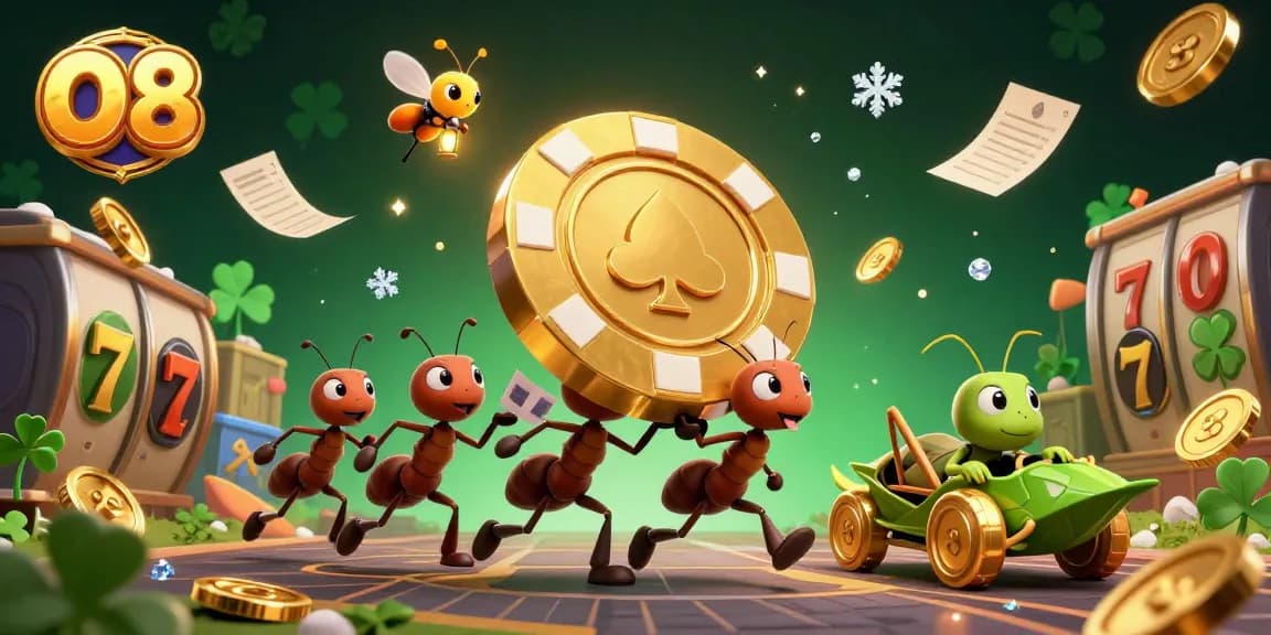 O8 delivers a thrilling gambling experience with a magical heist scene involving ants and dynamic game elements.