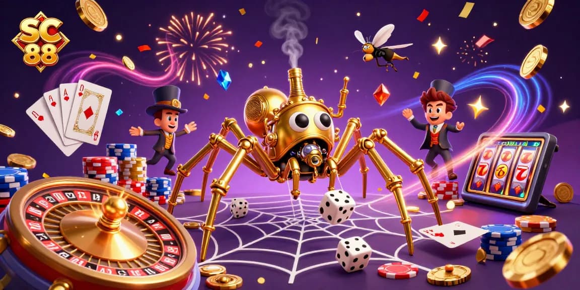 Experience excitement with SC 88 as the golden spider captures luck in a dynamic casino scene.