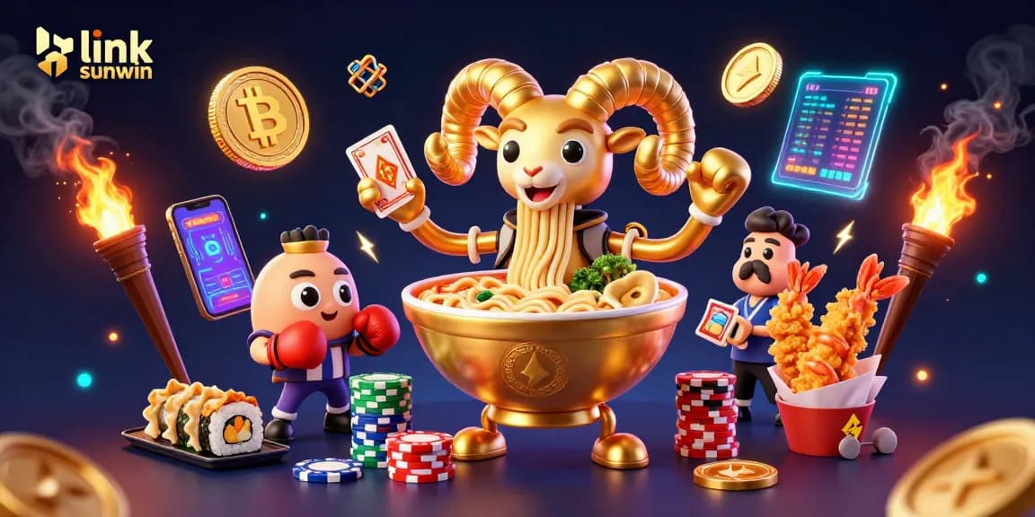 Play with link sunwin for big wins at this dynamic digital casino scene featuring vibrant characters and crypto elements.