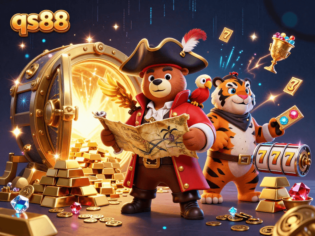 Experience fortune with the dynamic qs88 casino scene featuring a pirate captain and treasure elements.