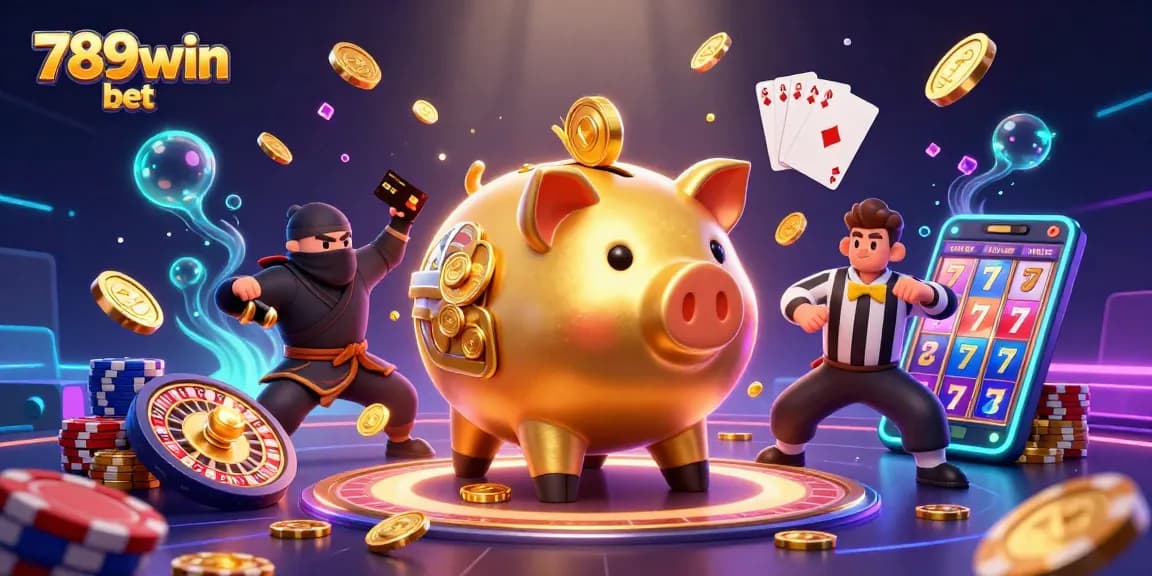 Experience the thrill of 789win bet with energetic casino characters amid cascading golden coins and vibrant gems.