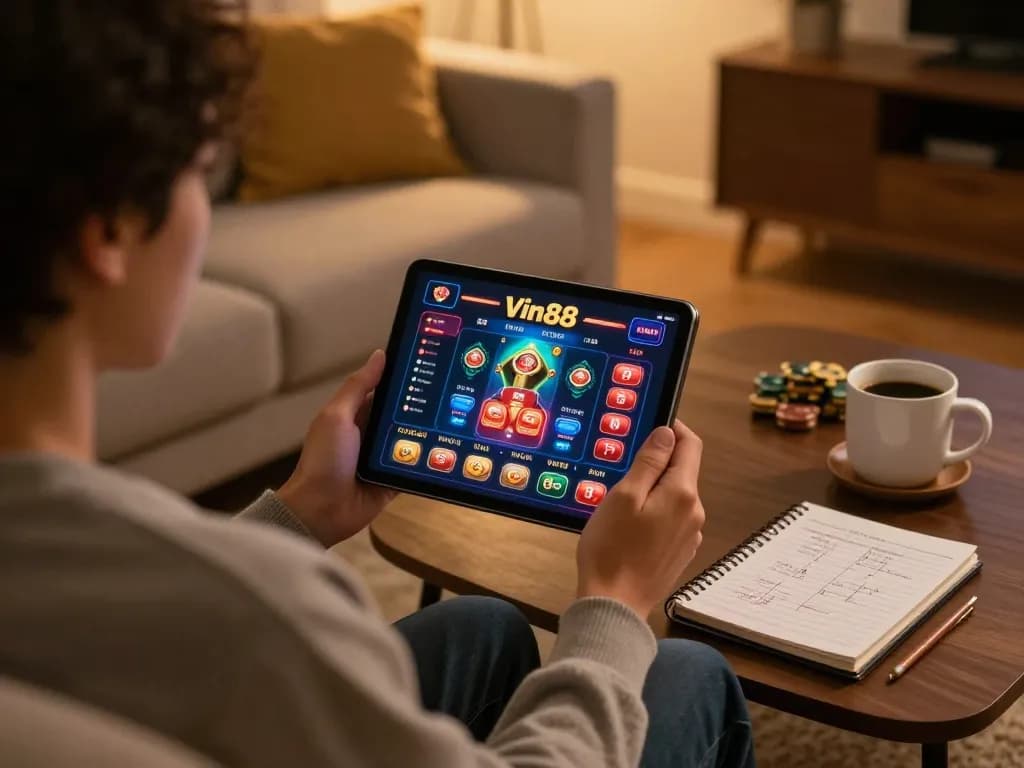 Player engaged in online casino gaming at home using the Vin88 app, showcasing a strategic approach to gambling.