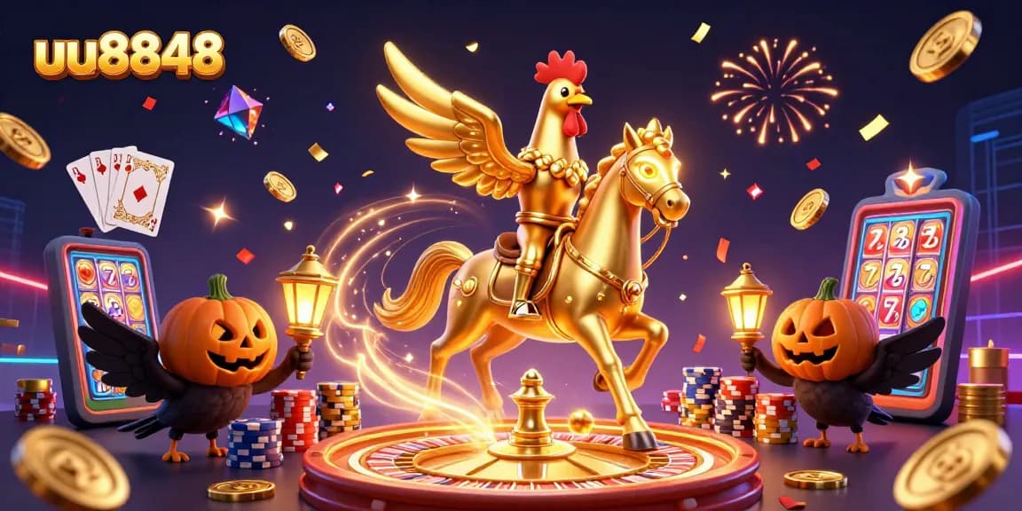 uu8848 offers immersive experiences with golden rooster and crow companions in a lively casino scene.