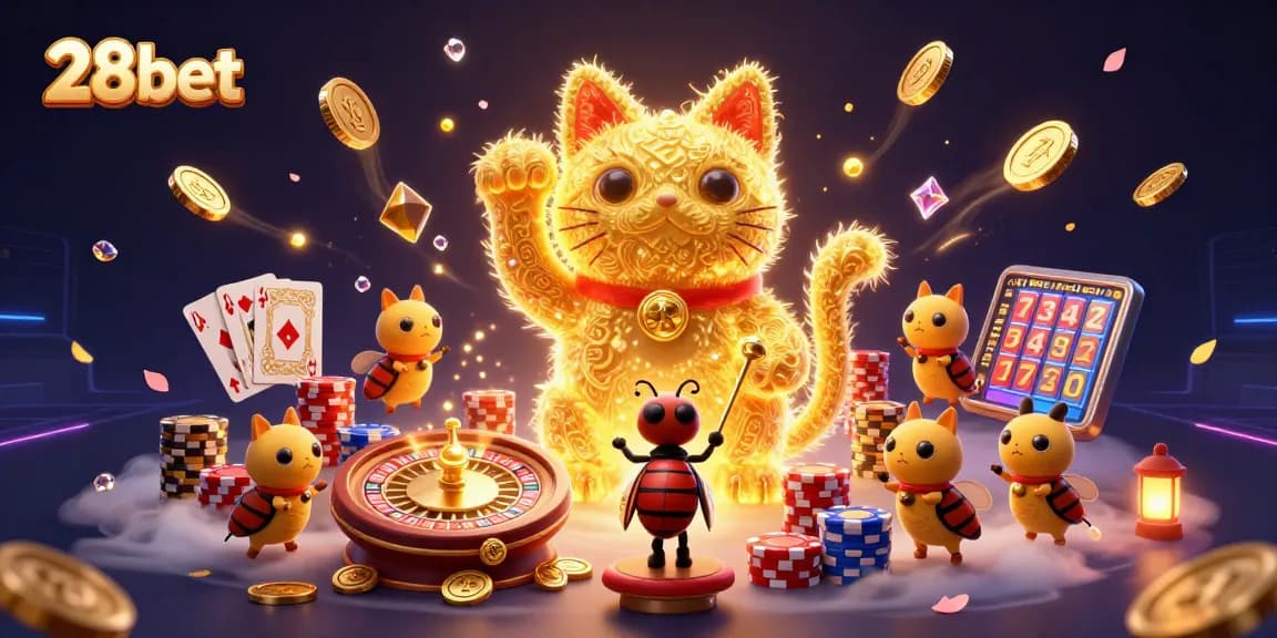 Play 28bet with engaging casino symbols and vibrant details in this captivating illustration.