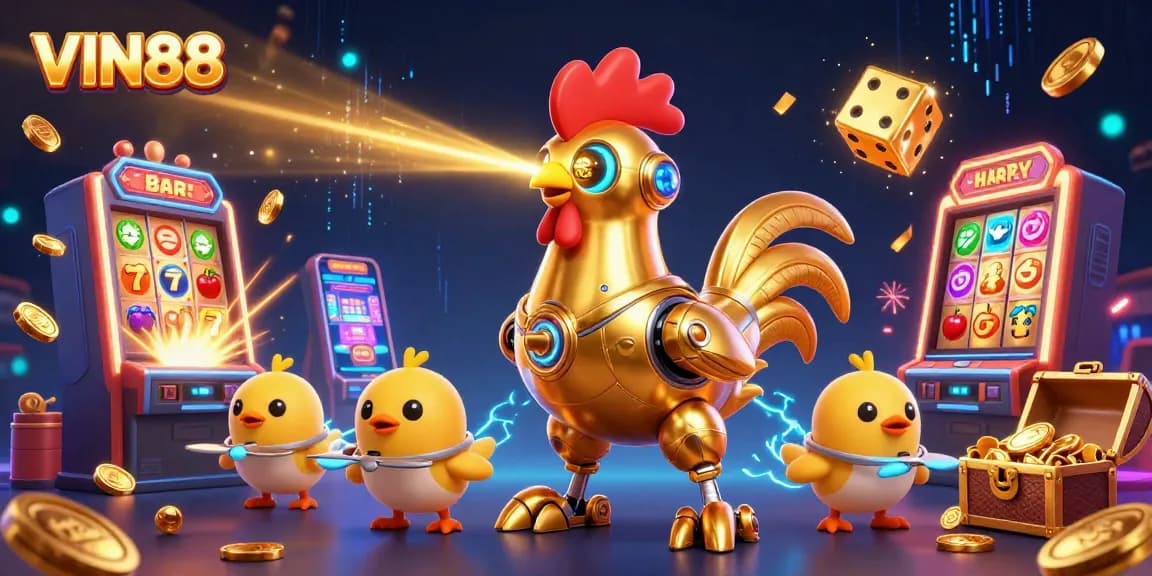 Experience thrilling gaming at VIN88 with a golden rooster robot and explosive casino elements.