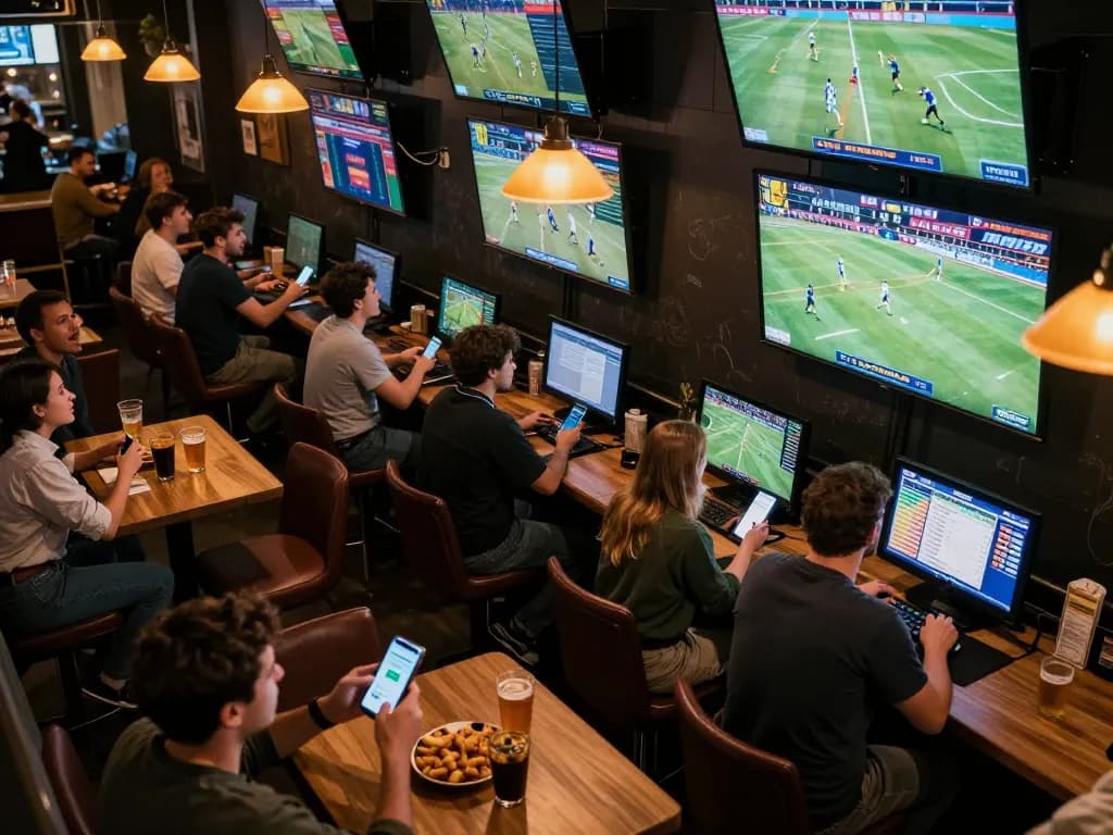 Exciting sports betting scene with patrons using oddy apps and cheering on live games.
